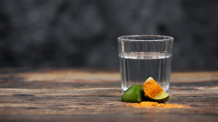 A closeup shot of a tequila shot with spicy pepper slicesの写真素材