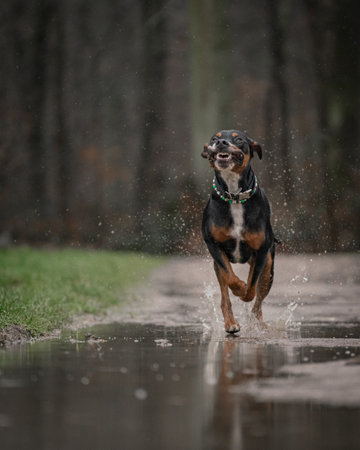 A vertical shot of a miniature pinscher dog running through waterの写真素材