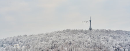 Prague, Czech Republic - January 7 2021: Panorama view of Petrin Hill in Prague from the Prague Castle areaの写真素材
