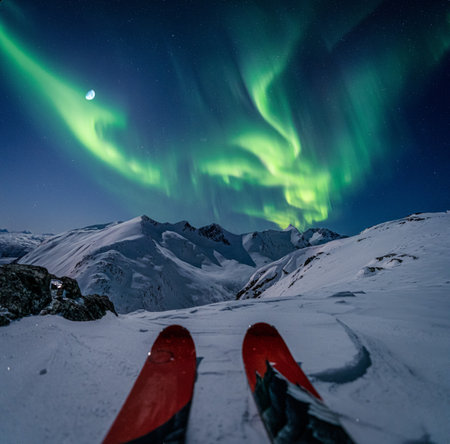 A vertical shot of skis on the snowy mountains against Aurora borealis background, Tromsoの写真素材