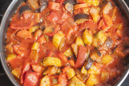 A close-up shot of bowl of ratatouille withの写真素材