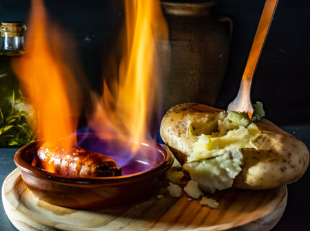 A closeup shot of boiled potatoes with flambe sausage on a wooden trayの写真素材