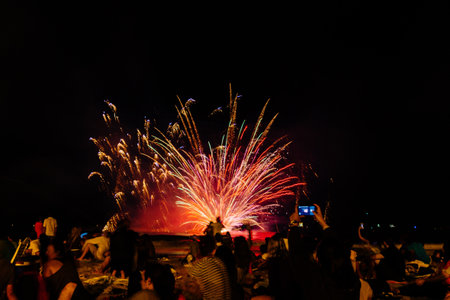 A scenic view of colorful fireworks during nighttimeの写真素材