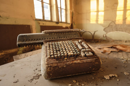 A closeup shot of a rusty old typewriter in an abandoned buildingの写真素材