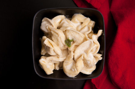 stuffed vegetarian tortellini pasta with creamy alfredo sauceの写真素材