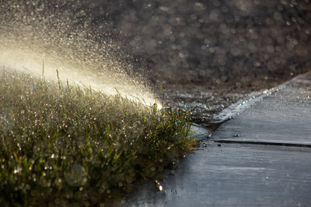 A selective focus of water from a water sprinkler in the gardenの写真素材