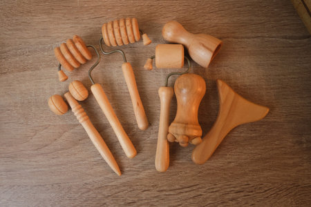 A top view of special wood therapy massage tools in various shapesの写真素材