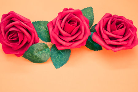 A closeup of a triplet of bright red roses with leaves on a pastel orange backgroundの写真素材