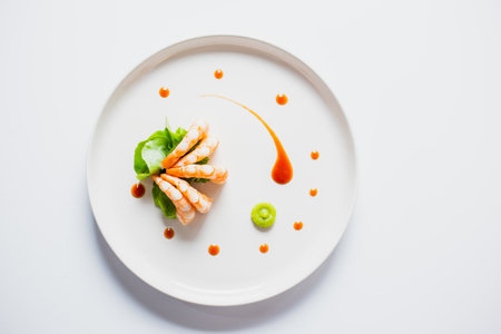 A top view of delicious Japanese shrimps with wasabi and soy sauce on the tableの写真素材