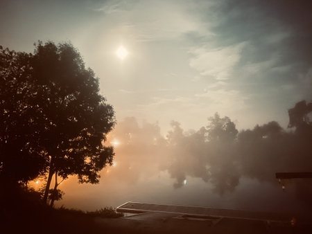 The beautiful background of lights through lake fog in parkの写真素材