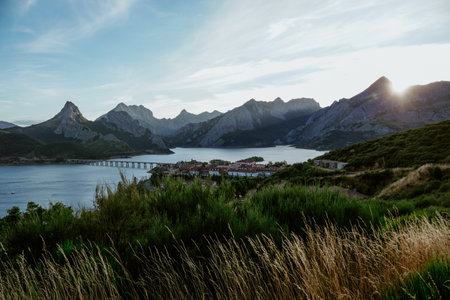 A scenic view of a mountainous landscape and a river in Riano, Leon Spainの写真素材