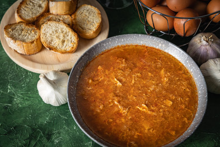 A closeup of a bowl of fresh and delicious Spanish garlic soup on the counter in the kitchen