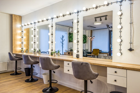 Dressing room mirror with bulbsの写真素材