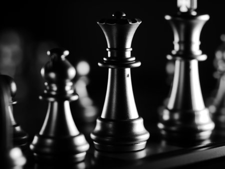A dramatic grayscale shot of chess figures lit in the darknessの写真素材