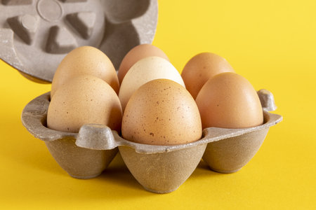 Texture and detail of half a dozen eggs in recycled paper carton box basket against a seamless...