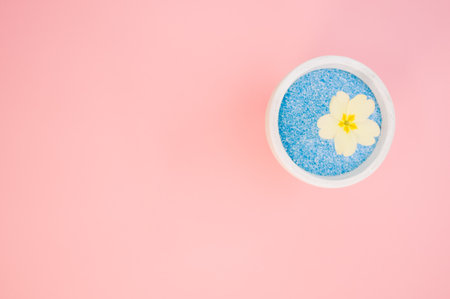 An overhead shot of a yellow flower in a pot of blue sand on a pink backgroundの写真素材