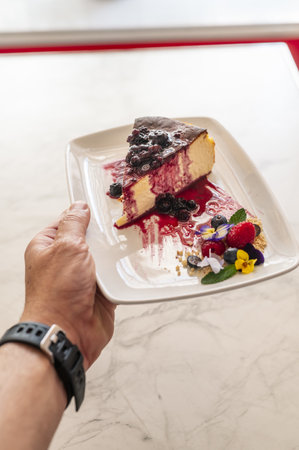 A vertical shot of a delectable slice of burnt cheesecake with berries being served at a restaurant