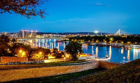 A glorious view at a city by the river in the eveningの写真素材