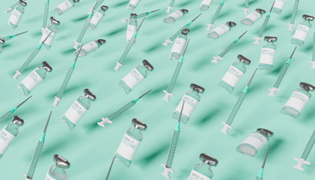 pattern of balloons with shape of vaccine vials and syringes floating in the air. 3d renderの写真素材
