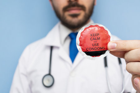 A bearded male doctor in a white coat and stethoscope showing a condom - AIDS prevention conceの写真素材