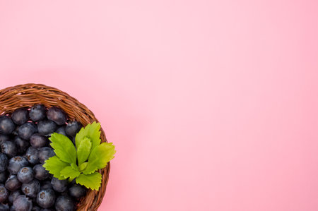 A top view of blueberries and a leaf in a basket on abackgroundの写真素材