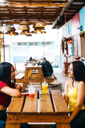 Two happy female friends in a coffee shop sitting and talking - friendship conceptの写真素材
