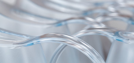 A panoramic shot of pot handles in a row with light reflecting off themの写真素材