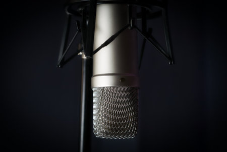 A close-up shot of a professional fixed microphone used for studio recordings in the dark background.の写真素材