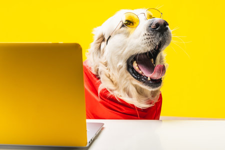 A cute yawning Golden Retriever in sunglasses and a scarf sitting near a laptop against a yellow wallの写真素材