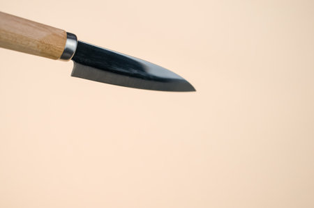 A closeup shot of a classic Japanese knife isolated on a pink background with copyscape