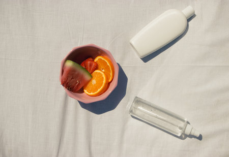 Assorted fruits in a pink bowl, suncream, water bottle on a white fabric backgroundの写真素材