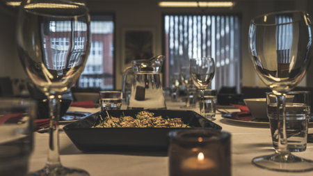A selective focus shot of a dish, glasses, a lit candle, and decanter full of water on the tableの写真素材