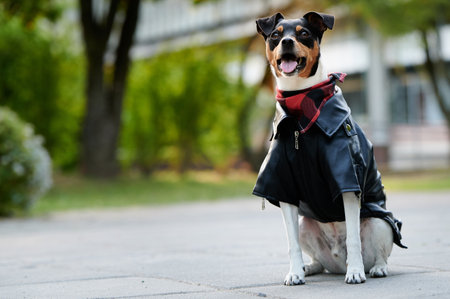 A closeup of a Ratonero Bodeguero Andaluz dog wearing clothes in a park with a blurry backgroundの写真素材