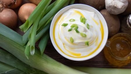 A bowl of tasty cream cheese with ingredients on a wooden tableの写真素材