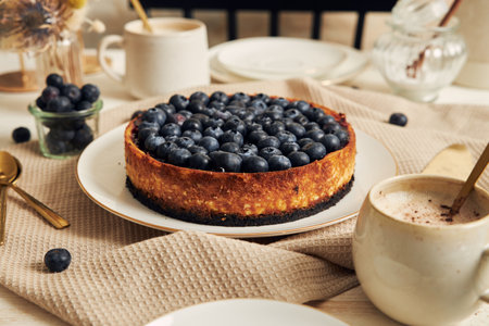 A delicious vegan yogurt blueberry cake with coffee table on a white tableの写真素材