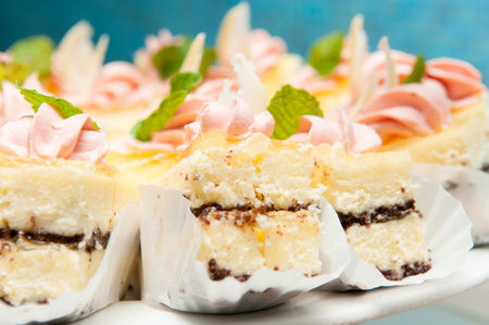 A closeup shot of cake pieces decorated with pink cream and mint leavesの写真素材