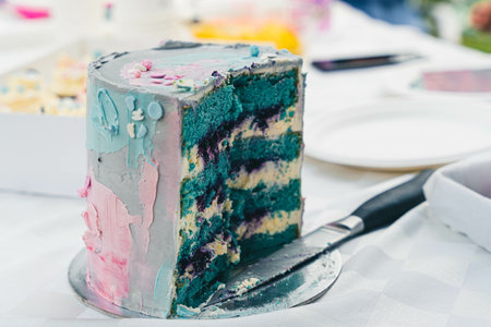 A closeup shot of a cake for a gender reveal partyの写真素材