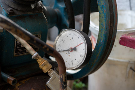 A closeup shot of an old air compressorの写真素材