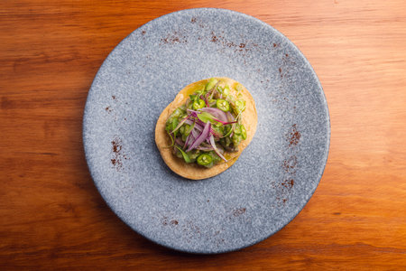A close up shot of a Mexican jalapeno onion tostadaの写真素材