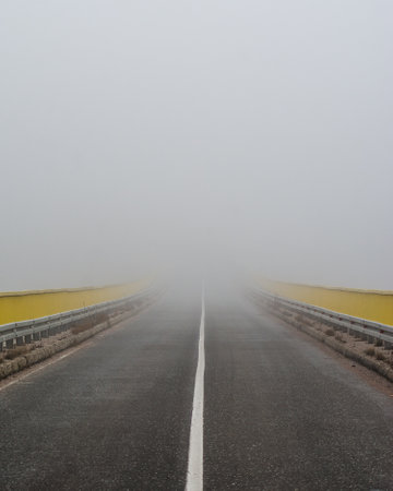 A vertical shot of a long road leading to a foggy horizonの写真素材