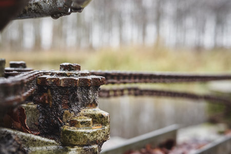a selective closeup of an old brown chain gear on a blurred background