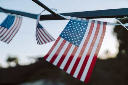 A closeup shot of small American flags hanging during the sunsetの写真素材