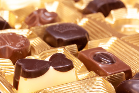 A selective focus shot of assorted chocolate candies in a box