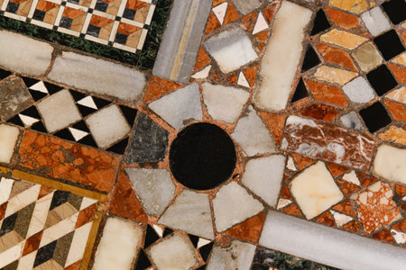 A top view of an antique marble mosaic on the floor in Basilica di San Marco, Venice, Italyの写真素材