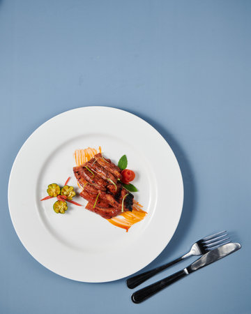 A vertical top view of decorated cooked meat with sauce served on a white plateの写真素材