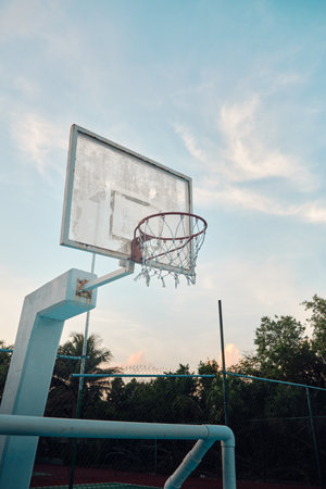 A vertical shot of a basketball rack in a court surrounded by treesの写真素材
