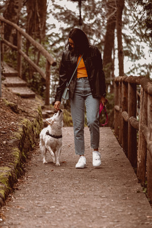 A vertical shot of an East Asian female walking with her cute dog in Switzerの写真素材