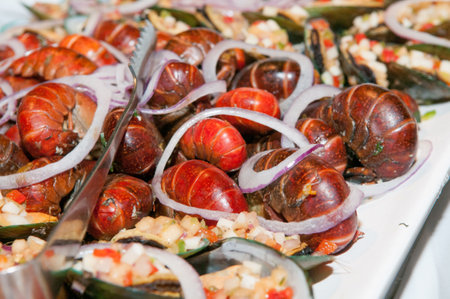 Delicious seafood - boiled crawfish with raw red onion on the topの写真素材