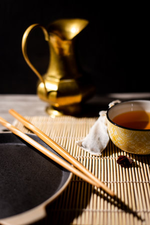 A vertical shot of a traditional Chinese tea ceremony arrangementの写真素材