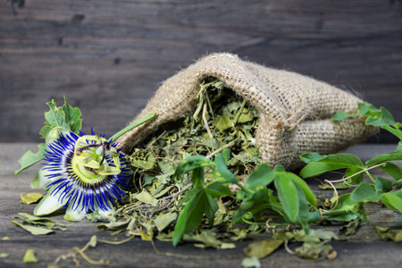 dried flowers and leaves of passiflora or passion fruit to drink sedative tea as an alternative medicineの写真素材